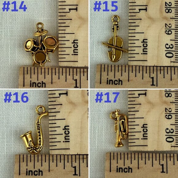 Gold Tone Music Charms Collection Set of 7 Miniature Melodies Metal Instruments - Picture 7 of 9